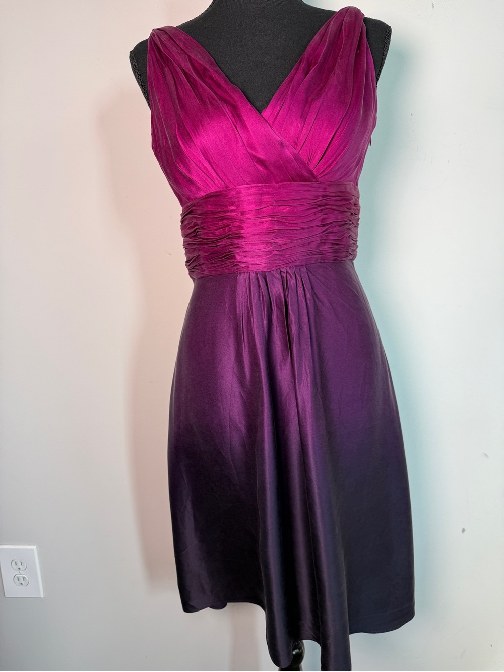 Ann Taylor Silk Ombre Cocktail Dress Magenta Purple Ruched Waist Sz 0